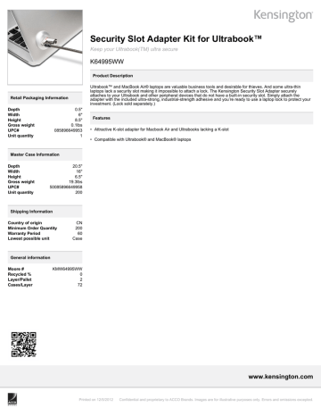 Kensington Security Slot Adapter Kit for Ultrabook™ Datasheet | Manualzz