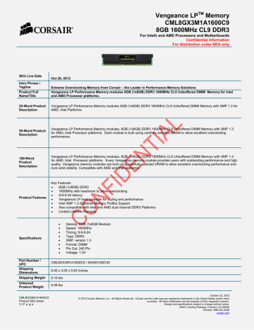 Corsair Vengeance LP 8GB 1600MHz CL9 DDR3 Datasheet | Manualzz