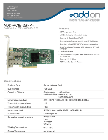 Add-On Computer Peripherals (ACP) ADD-PCIE-2SFP+ Datasheet | Manualzz