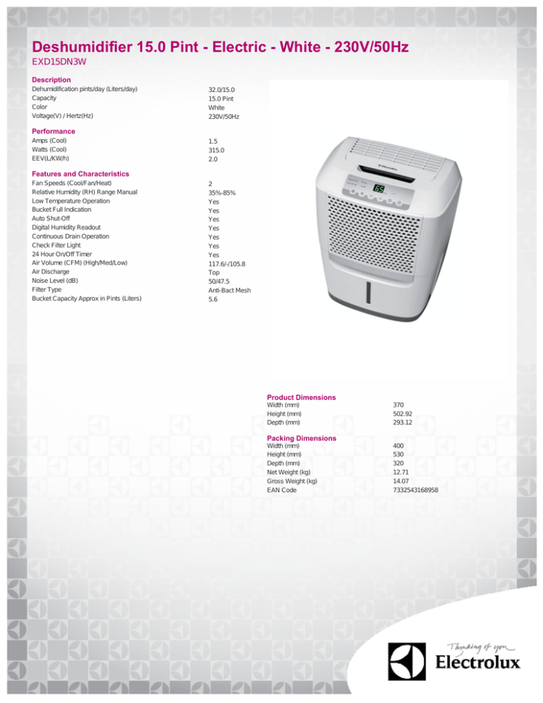 Electrolux EXD15DN3W Datasheet Electrolux EXD15DN3W Datasheet