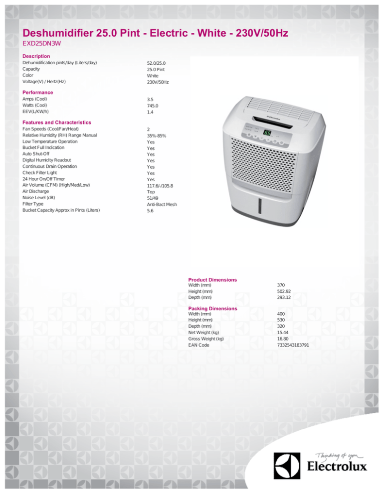 Electrolux EXD25DN3W Datasheet Electrolux EXD25DN3W Datasheet