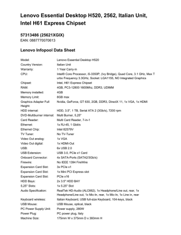 Lenovo Essential H520 Datasheet | Manualzz