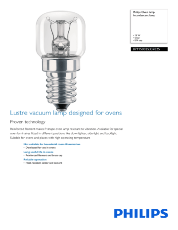 Philips Oven lamp Incandescent lamp 871150025337825 Datasheet | Manualzz