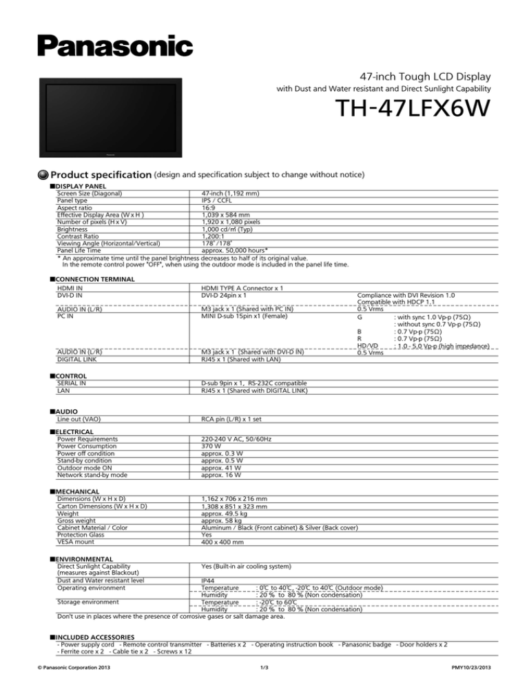 Panasonic TH-47LFX6W Datasheet Panasonic TH-47LFX6W Datasheet