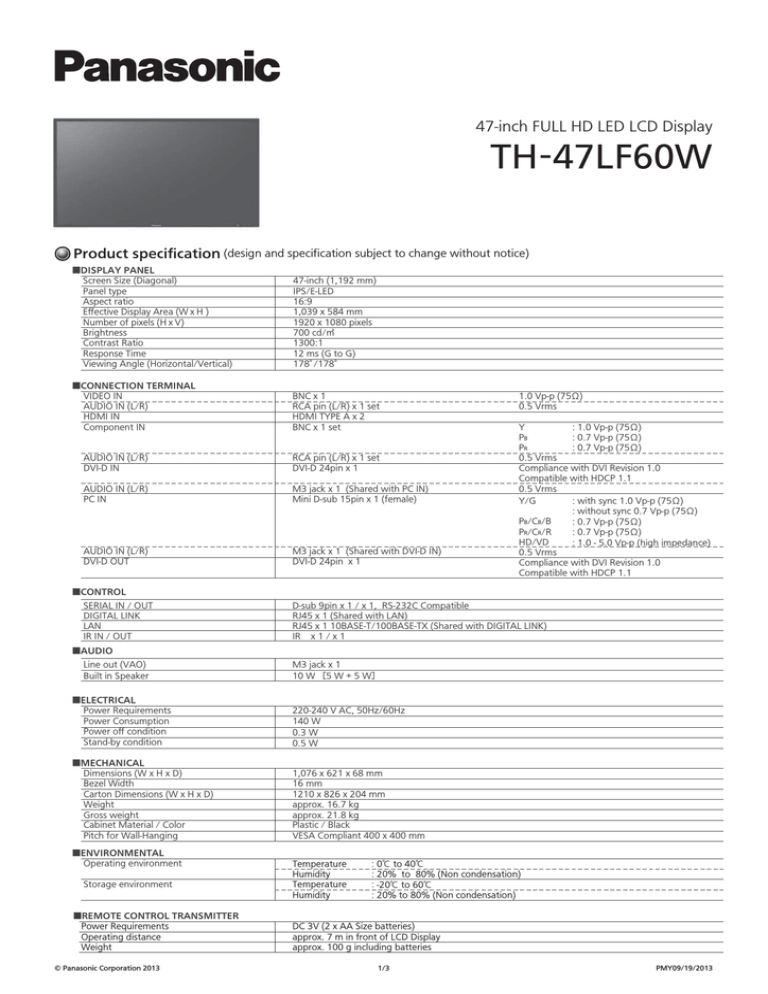 Panasonic TH-47LF60W Datasheet Panasonic TH-47LF60W Datasheet