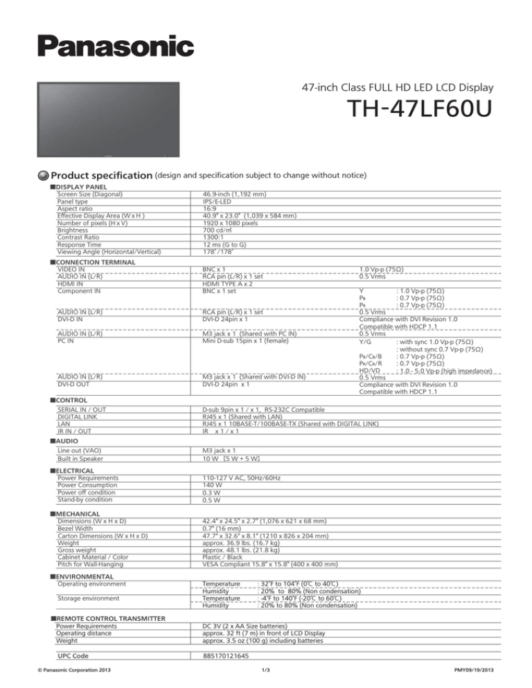 Panasonic TH-47LF60U Datasheet Panasonic TH-47LF60U Datasheet