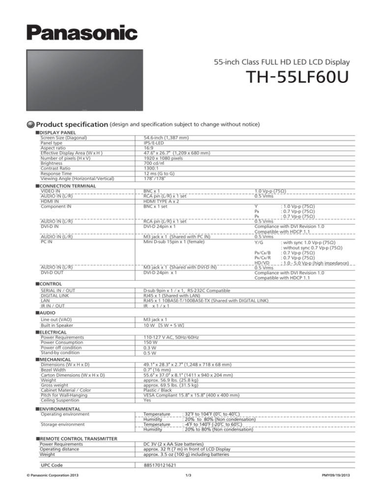 Panasonic TH-55LF60U Datasheet Panasonic TH-55LF60U Datasheet