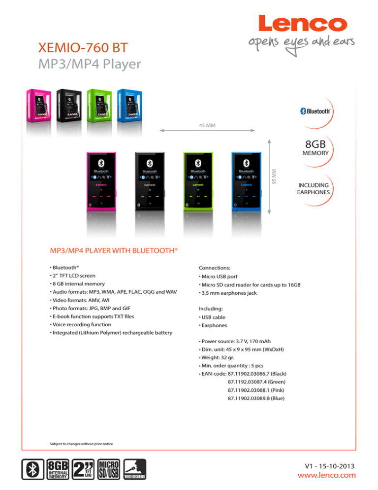 Lenco XEMIO760BTGR, XEMIO760BTBL, XEMIO760BTSW, XEMIO760BTPI Datasheet Lenco XEMIO760BTGR, XEMIO760BTBL, XEMIO760BTSW, XEMIO760BTPI Datasheet