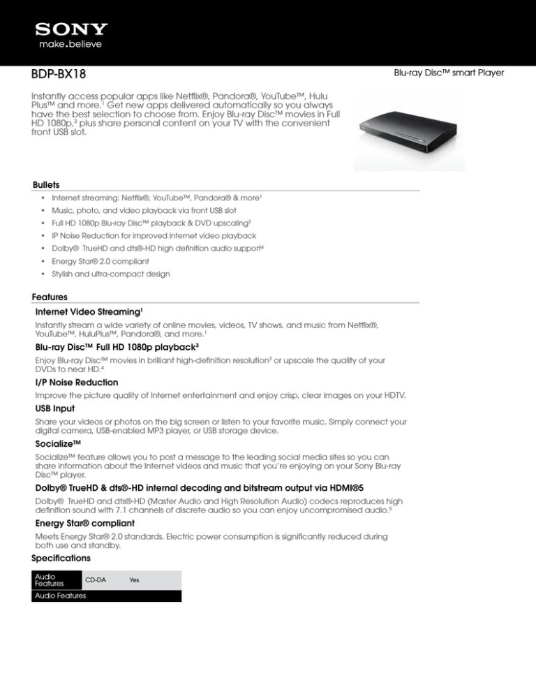 Sony BDP-BX18 Datasheet Sony BDP-BX18 Datasheet
