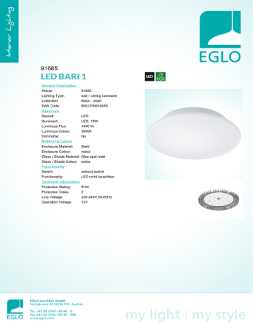 Eglo LED BARI 1 Datasheet | Manualzz