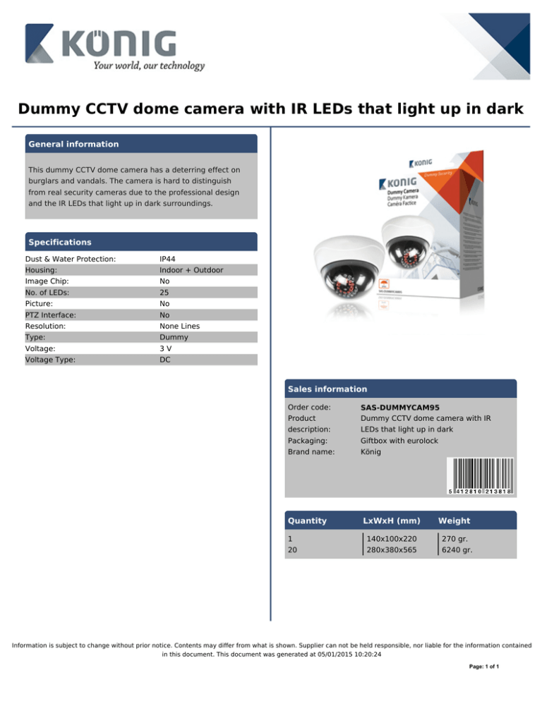 König SEC-DUMMYCAM95 Datasheet König SEC-DUMMYCAM95 Datasheet