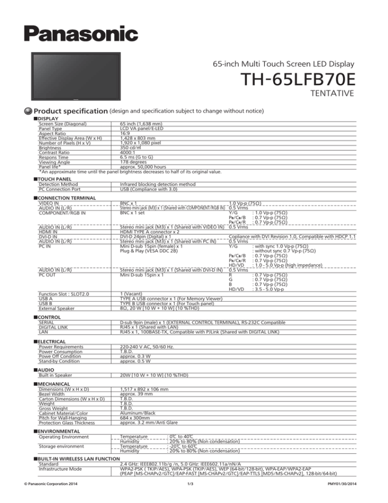 Panasonic TH-65LFB70E Datasheet Panasonic TH-65LFB70E Datasheet