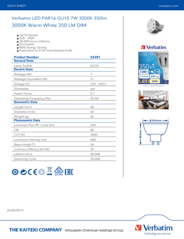 Verbatim 52301 energy-saving lamp Datasheet | Manualzz