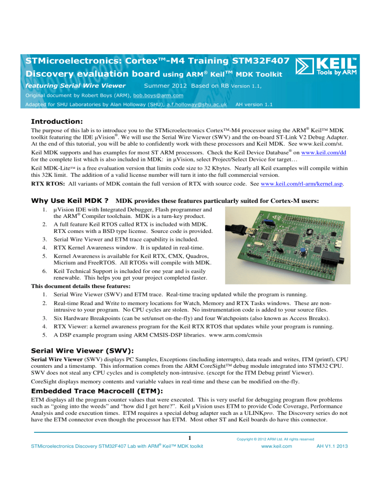 STMicroelectronics: Cortex™-M4 Training STM32F407 Discovery STMicroelectronics: Cortex™-M4 Training STM32F407 Discovery