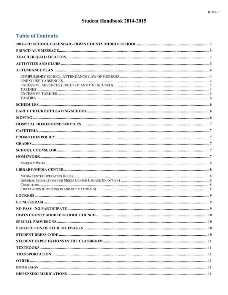 Student Handbook 2014-2015 Table of Contents Student Handbook 2014-2015 Table of Contents