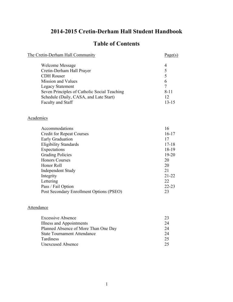 2014-2015 Cretin-Derham Hall Student Handbook Table of Contents 2014-2015 Cretin-Derham Hall Student Handbook Table of Contents