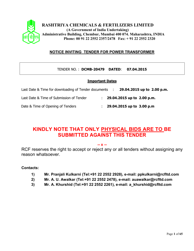 nit for3.5 mva power transformer - Rashtriya Chemicals and Fertilizers nit for3.5 mva power transformer - Rashtriya Chemicals and Fertilizers