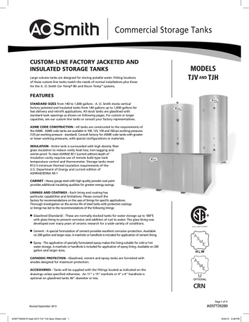 A.O. Smith Custom Line Insulated Storage Tanks Technical Documents | Manualzz