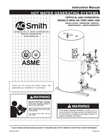 A.O. Smith Hot Water Generator User manual A.O. Smith Hot Water Generator User manual