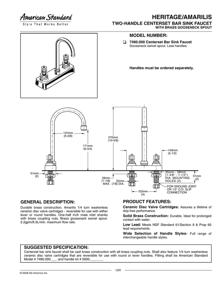 American Standard Amarilis/Heritage Two-Handle Centerset Bar Sink Faucet 7490.000 User manual American Standard Amarilis/Heritage Two-Handle Centerset Bar Sink Faucet 7490.000 User manual