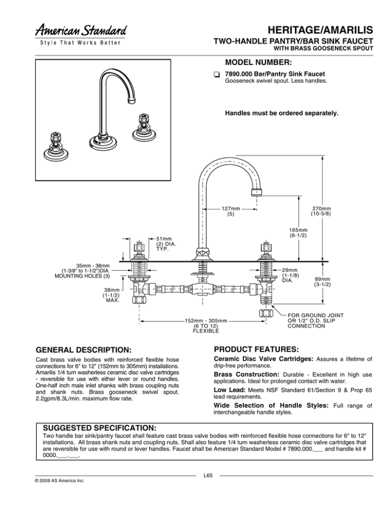 American Standard Amarilis/Heritage Two-Handle Pantry/Bar Sink Faucet 7890.000 User manual American Standard Amarilis/Heritage Two-Handle Pantry/Bar Sink Faucet 7890.000 User manual