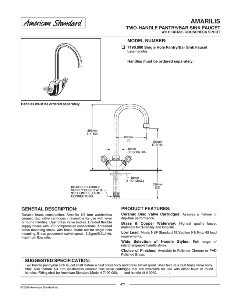 American Standard Amarilis Two-Handle Pantry/Bar Faucet 719.000 User manual American Standard Amarilis Two-Handle Pantry/Bar Faucet 719.000 User manual