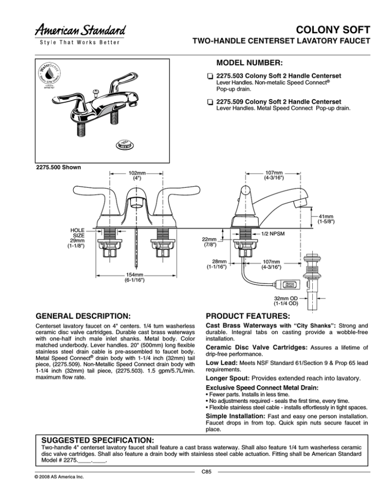 American Standard Colony Soft 2275.503 User manual American Standard Colony Soft 2275.503 User manual