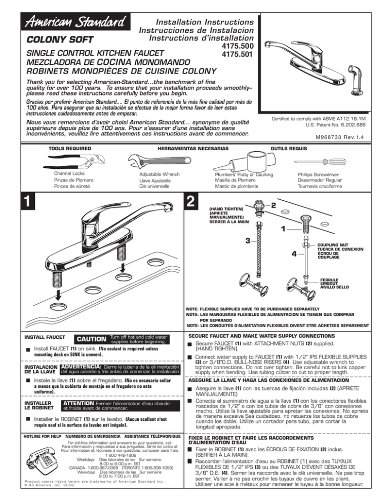 American Standard Colony Soft Single Control Kitchen Faucet 4175.501 User manual American Standard Colony Soft Single Control Kitchen Faucet 4175.501 User manual