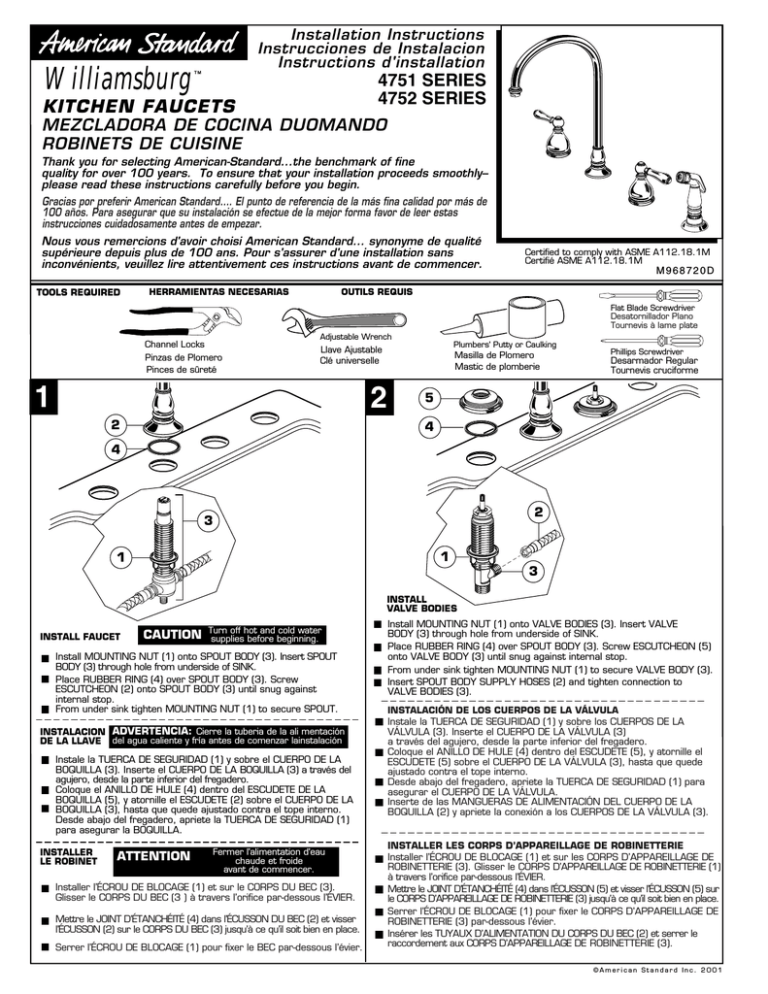 American Standard Williamsburg Kitchen Faucets 4751 Series User manual American Standard Williamsburg Kitchen Faucets 4751 Series User manual
