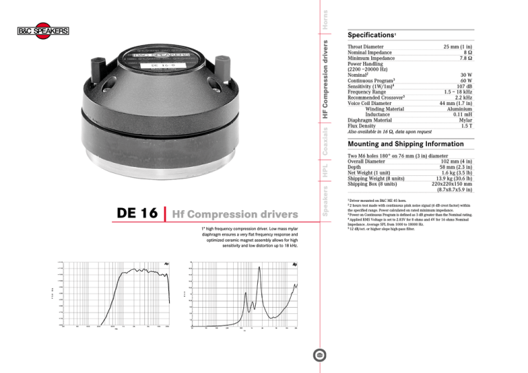 B&C Speakers Hf Compression Drivers DE 16 User manual B&C Speakers Hf Compression Drivers DE 16 User manual