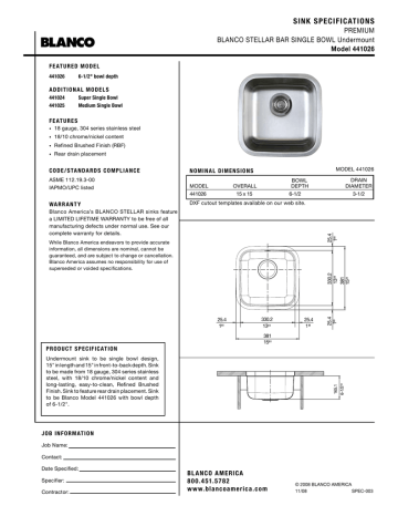 Blanco Stellar Bar Single Bowl Undermount Sink 441026 User's Manual | Manualzz