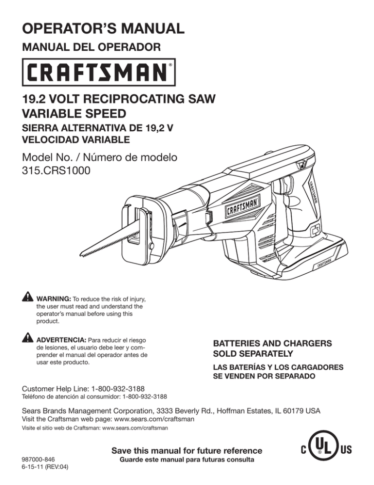 Craftsman 19.2-volt, 11404X Owner's manual Craftsman 19.2-volt, 11404X Owner's manual
