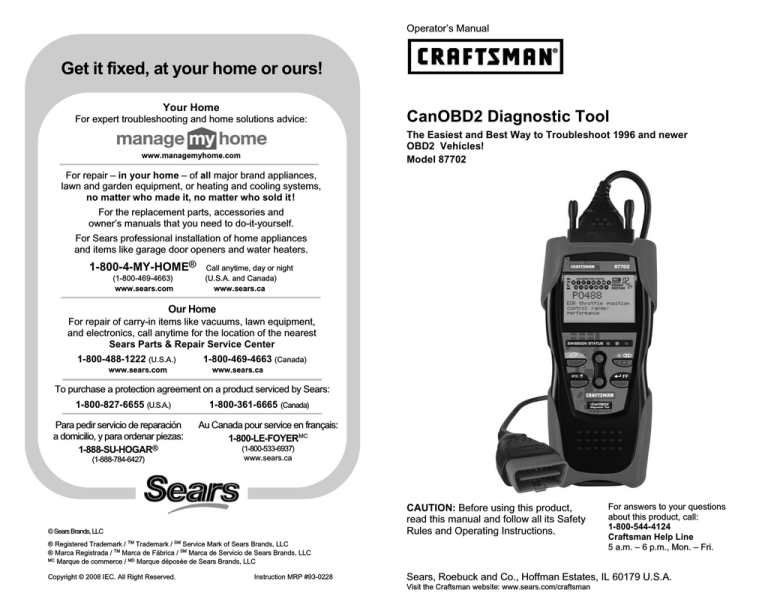 Craftsman CanOBD Diagnostic Tool User manual Craftsman CanOBD Diagnostic Tool User manual
