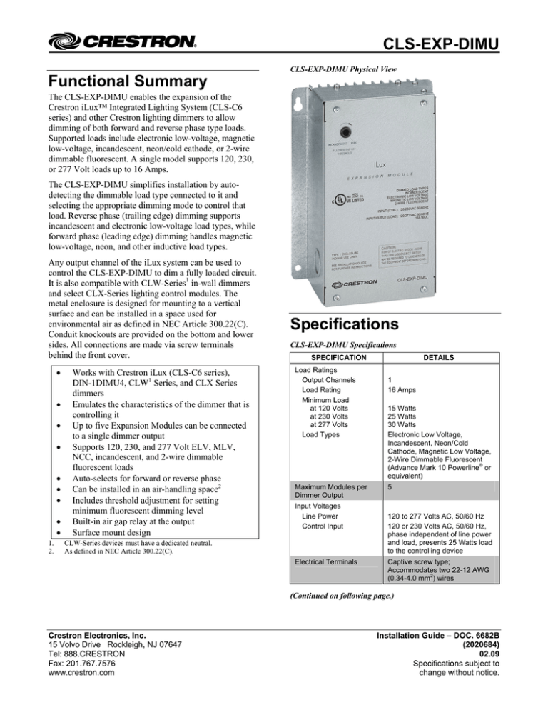 Crestron electronic CLS-EXP-DIMU User manual Crestron electronic CLS-EXP-DIMU User manual