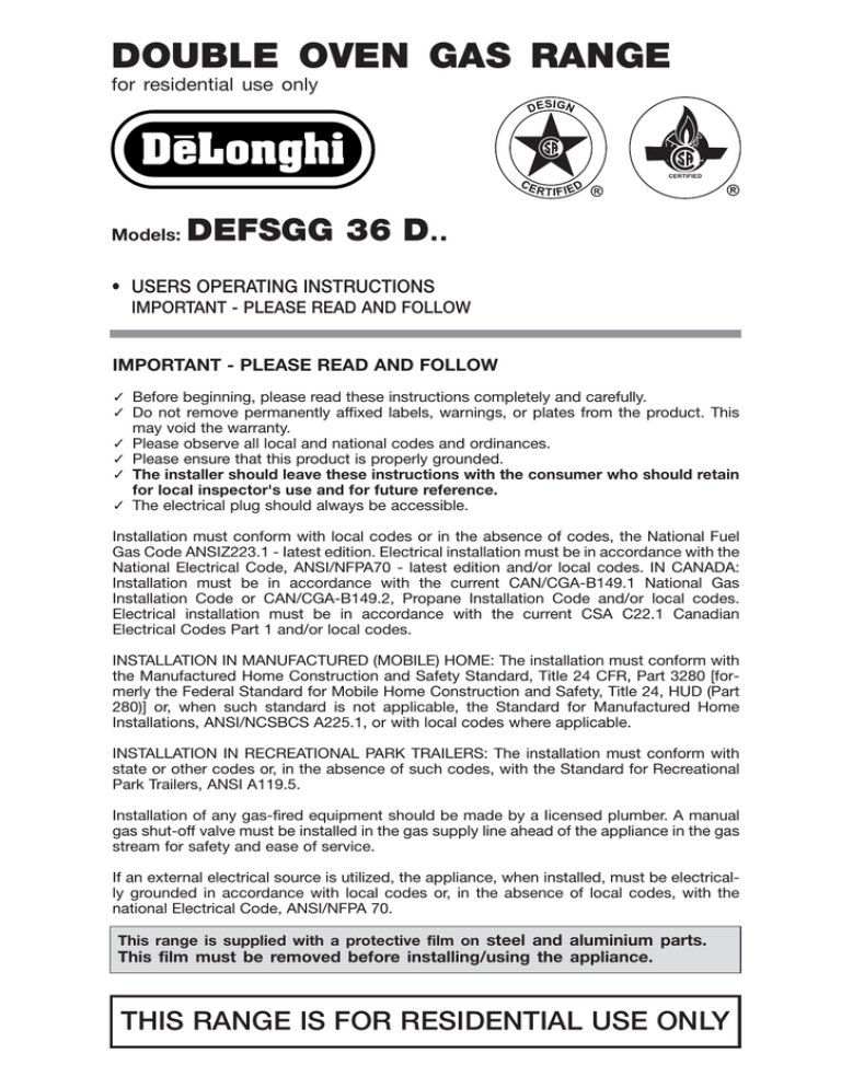 De'Longhi DESFGG36 User manual De'Longhi DESFGG36 User manual