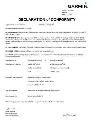 Garmin Swim Declaration of Conformity | Manualzz