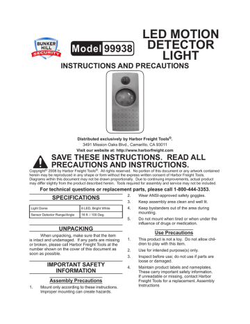 Harbor Freight Tools Motion Activated LED Security Light Product manual | Manualzz