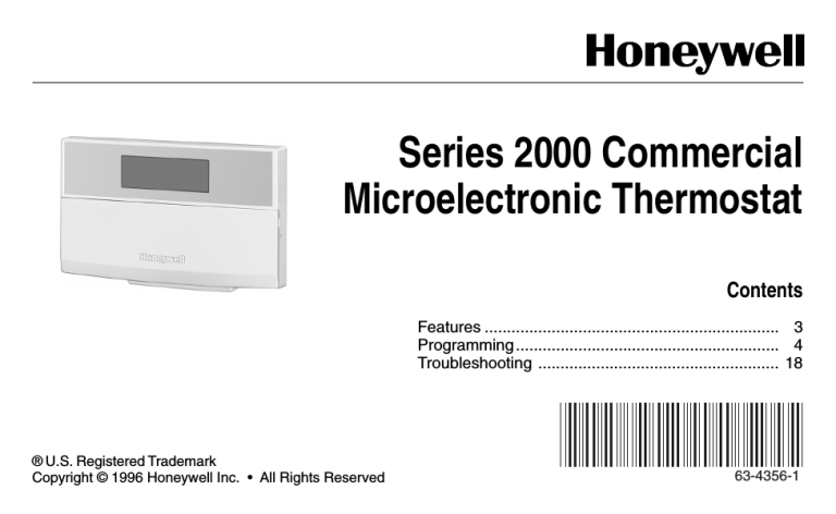 Honeywell SERIES 2000, Thermostat SERIES 2000 Owner's manual Honeywell SERIES 2000, Thermostat SERIES 2000 Owner's manual