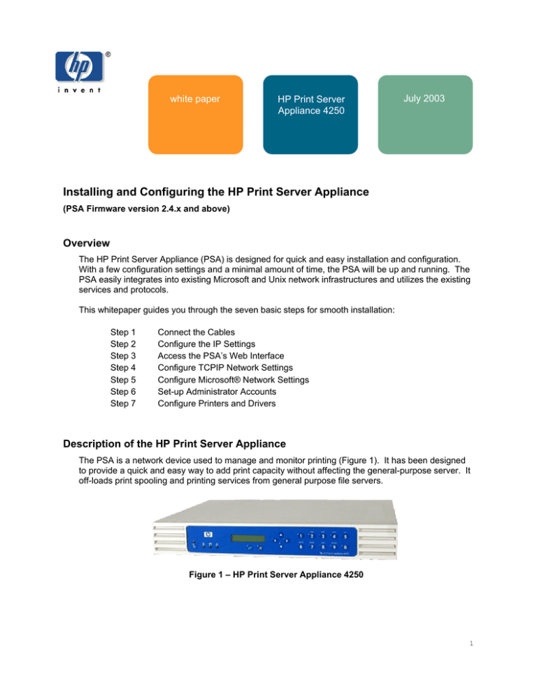 HP Print Server Appliance 4250 User's manual HP Print Server Appliance 4250 User's manual