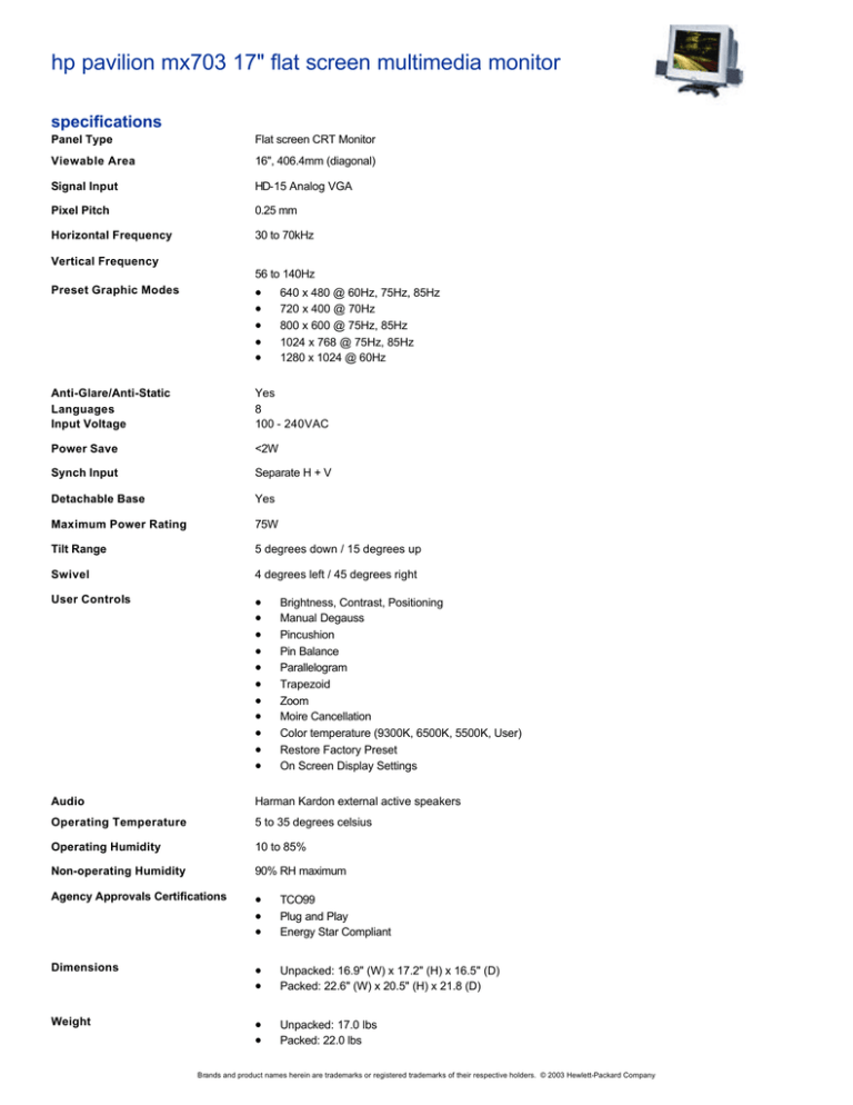 HP PAVILION MX703 User manual HP PAVILION MX703 User manual