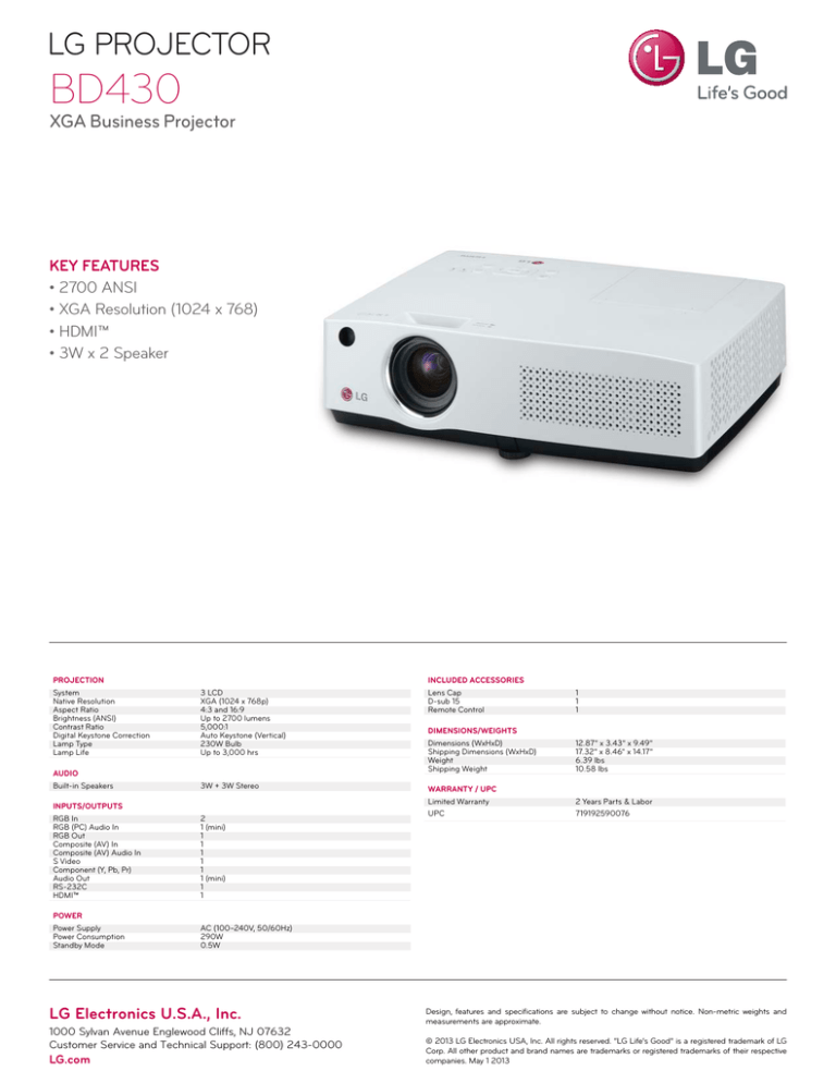 LG BD430 Specification LG BD430 Specification