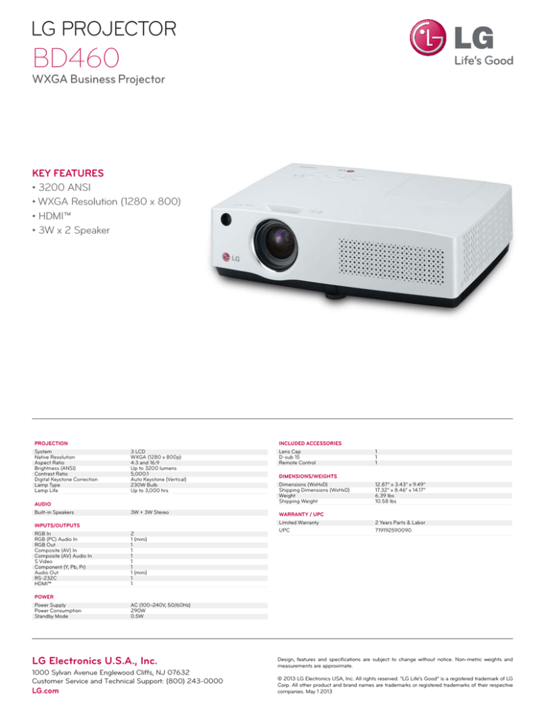 LG BD460 Specification LG BD460 Specification