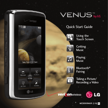 LG VX Venus Verizon Wireless, VX8800, VX8800 Verizon Wireless Quick start guide LG VX Venus Verizon Wireless, VX8800, VX8800 Verizon Wireless Quick start guide