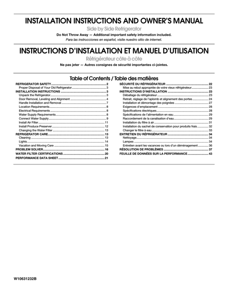 Maytag WRS973CIDM, WRS586FIDE, MSB26C6MDM, WRS586FIEH, WRS586FIEM Installation guide Maytag WRS973CIDM, WRS586FIDE, MSB26C6MDM, WRS586FIEH, WRS586FIEM Installation guide