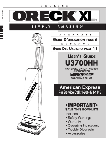 Oreck U3700HH Operating instructions | Manualzz