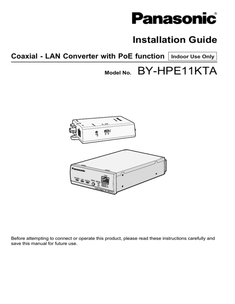 Panasonic BY-HPE11KTA Installation guide Panasonic BY-HPE11KTA Installation guide