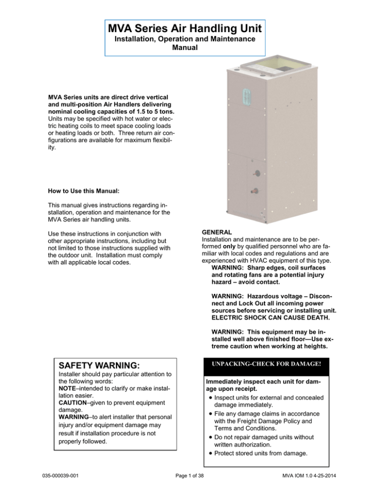 Panasonic MVA Series Air Handling Unit User manual Panasonic MVA Series Air Handling Unit User manual