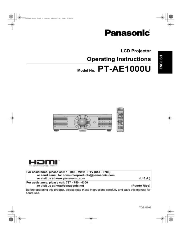Panasonic PT-AE1000U User manual Panasonic PT-AE1000U User manual