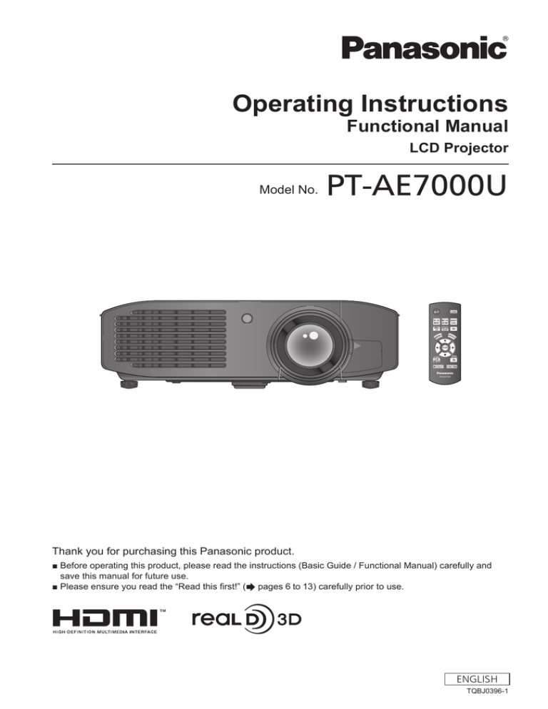 Panasonic PT-AE7000U User manual Panasonic PT-AE7000U User manual
