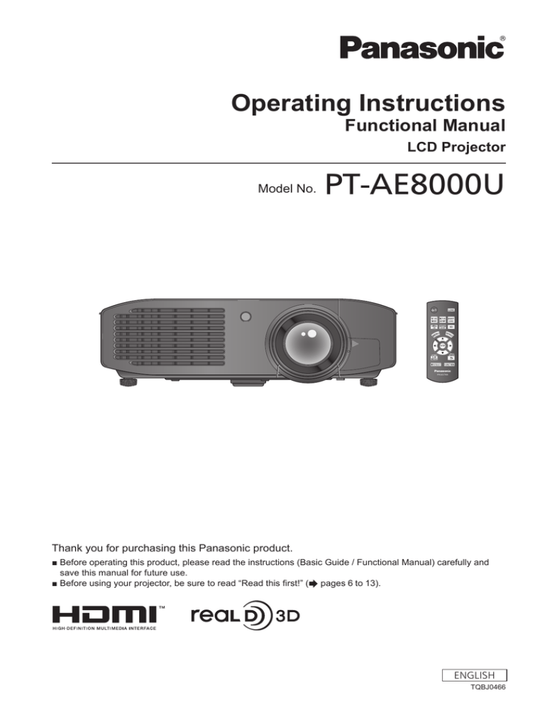 Panasonic PT-AE8000EH, PT-AE8000EZ, PT-AE8000EA, PT-AE8000U Operating instructions Panasonic PT-AE8000EH, PT-AE8000EZ, PT-AE8000EA, PT-AE8000U Operating instructions